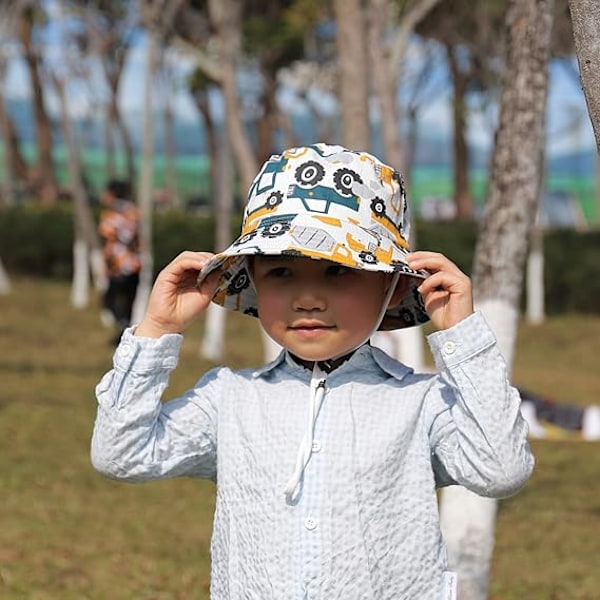Baby Solhatt, Småbarn Bøttehatt, Sommerfiskehatter for Barn Gutter Jenter, Bredbremmet Strandhatt Dinosaur Fiskehatt med Hakestropp White Excavator