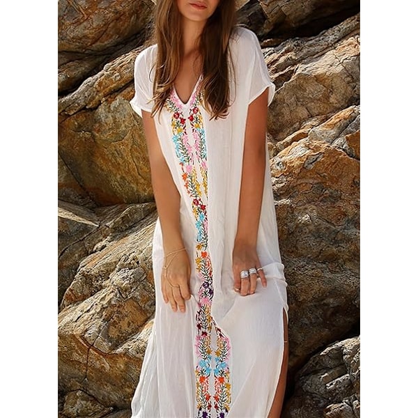 Sommar Bomull Broderad Blommig Lös Kaftan Boho Strand Bikini Cover Up Klänning Plus Size Morgonrock för Kvinnor