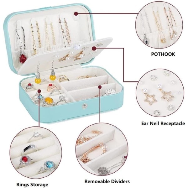 Smykkeskrin Lille Smykkeorganisator Rejse Smykkeetui Opbevaring til Kvinder Piger, Premium Kunstlæder Dobbelt Lag Smykkeskrin Organizer Light Blue