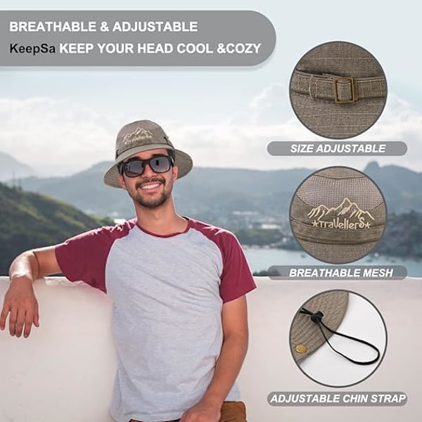 Solhatt i bomull UV-skydd Sommarhattar Strandhatt Safari Boonie Hatt Hopfällbar Fiskehatt med Andningsbart Mesh och Justerbar Hakrem Khaki