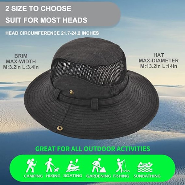 Solhatt i bomull UV-skydd Sommarhattar Strandhatt Safari Boonie Hatt Hopfällbar Fiskehatt med Andningsbart Mesh och Justerbar Hakrem Black
