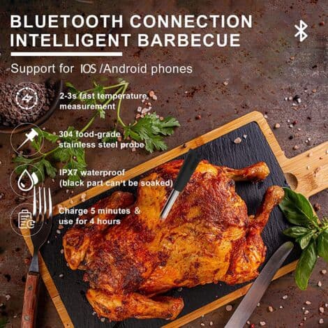 Trådløst Bluetooth Kødtermometer 50m – Temperaturområde -40°C til 100°C – Nøjagtighed ±1°C – Batterilevetid op til 4 timer