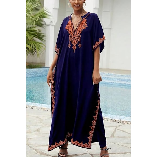 Kaftan med blomsterbroderi, bohemisk strandklänning, bikiniöverdrag, lång strandkaftan för kvinnor