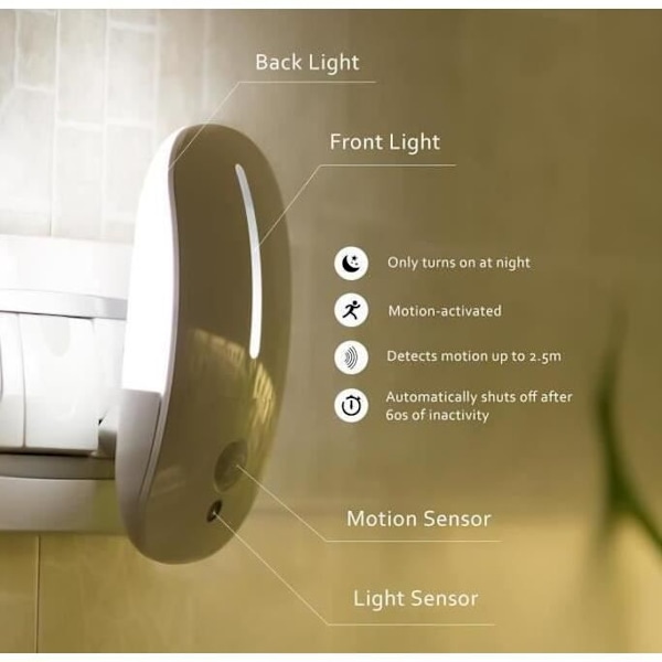 LED Natlampe Natlys Stikkontakt Sensor Bevægelsesdetektor, Varm Gul Orientering Lampe