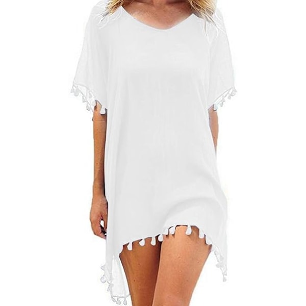 Chiffon Strandtøj Kvinder Strand Bikini Cover Up Kvaster Strandkjole V-hals Badetøj Sommer Afslappet Badedragt White