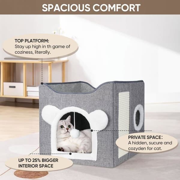 AIMOONSA Kattehus/hule, sammenklappeligt, 2 niveauer, gråt med 2 vaskbare puder, kradsebræt og bold