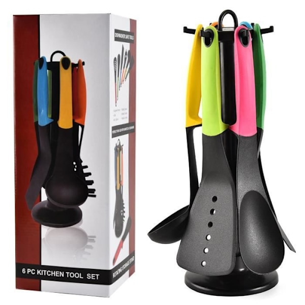 Kjøkkenredskaper i nylon med non-stick – Sett med 6 og roterende bestikkholder