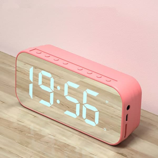 Bluetooth Högtalare Väckarklocka Digital Klocka med Bluetooth Högtalare Spegel Digital Display Väckarklocka för Sovrum Kontor Rosa