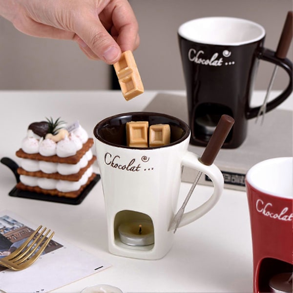 Choklad Fondue Mug 130ml Keramisk Choklad Fondue Kaffeekopp med Gafflar Smältmuggar för Choklad Ost Smör Lätt att Rengöra Mångsidig Smältkopp White