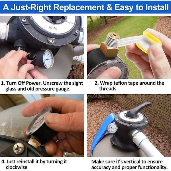 190058 trykmåler 0-60 PSI, vandtryksmåler til start og filtrering med 1/4 NPT gulvmontering til pool