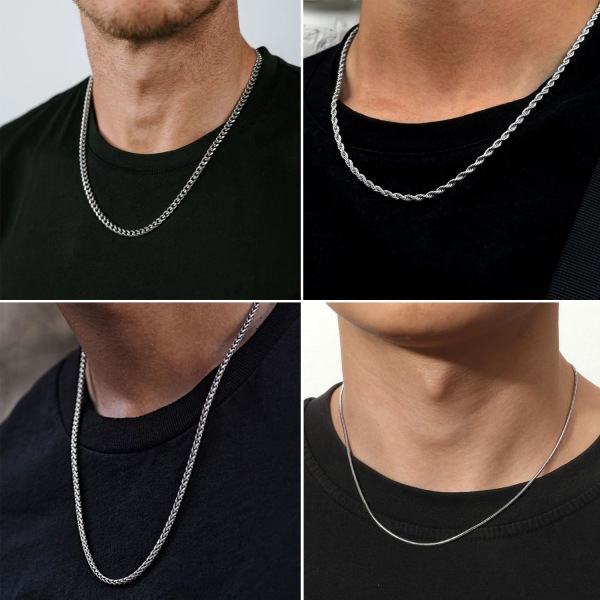7 st Herr rostfritt stål 18K guldpläterad kedja halsband Set för män pojkar, 6 kedjor och 1 korshänge Silver 50cm