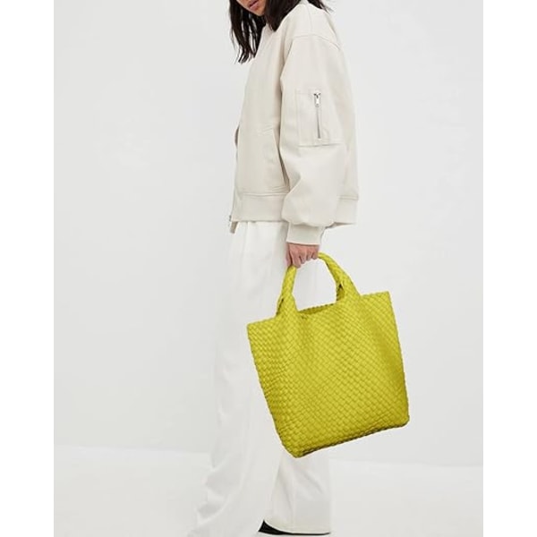 Vegansk Læder Vævet Tote Taske til Kvinder, Mode Håndlavet Strandtaske med Top Håndtag Chartreuse