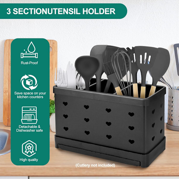 Bestikholder, rustfrit stål redskabsholder, bestikholder med 3 rum, køkkenredskabsorganisator