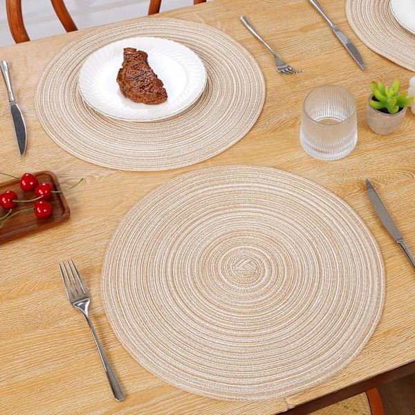 38 cm pyöreät tabletit, 6 kpl, punotut kudotut tabletit, pestävät pöytätabletit, pyöreät lämmönkestävät pöytätabletit, beige