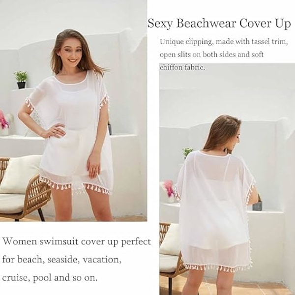 Chiffon Strandtøj Kvinder Strand Bikini Cover Up Kvaster Strandkjole V-hals Badetøj Sommer Afslappet Badedragt White