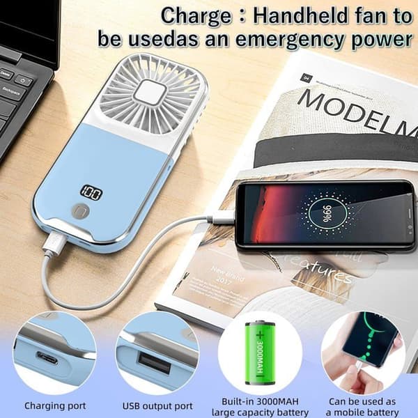 Bærbar ventilator, USB genopladelig kraftig miniventilator, 4 hastigheder