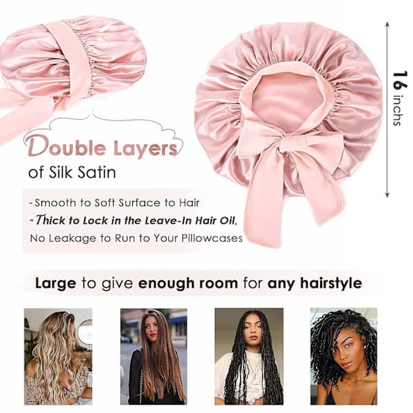 Pink silke satin hat til at sove dobbelt lag satin foret hårhætte