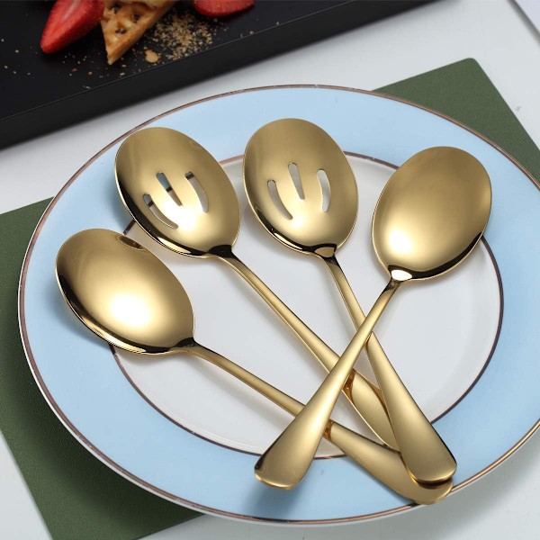 Guld Skeer 4 Stykker, Serveringsske, Inkluderer 2 Serveringsskeer og 2 Hulskeer, Serveringsredskaber i Rustfrit Stål Gold
