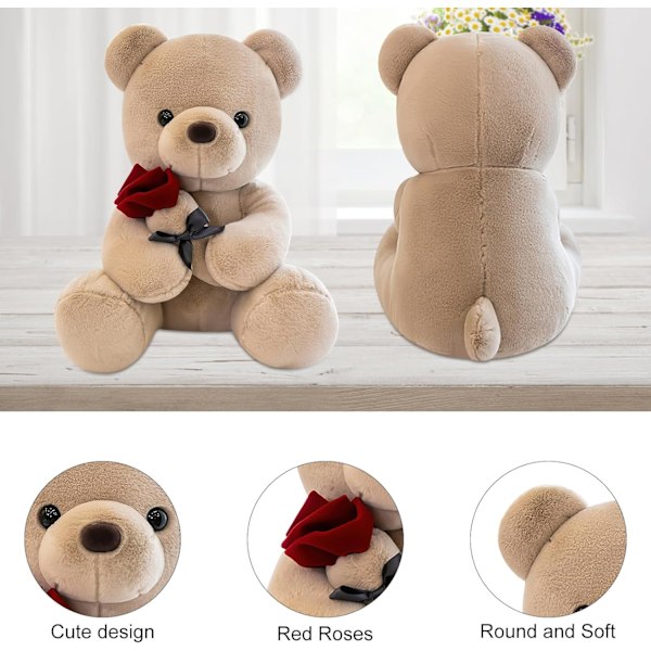 Sød og krammelig bamse, 25 cm med rose. Blød pelsbamse. Udstoppede bamse. Lavet af