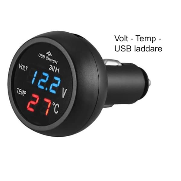 Voltmeter Temp + USB 5v Oplader 4-30v DC Bil Båd Autocamper Campingvogn