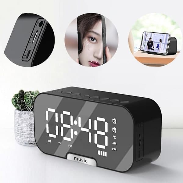 Langaton Bluetooth-kaiutinpeilikello Mini-herätyskello valkoinen musta black