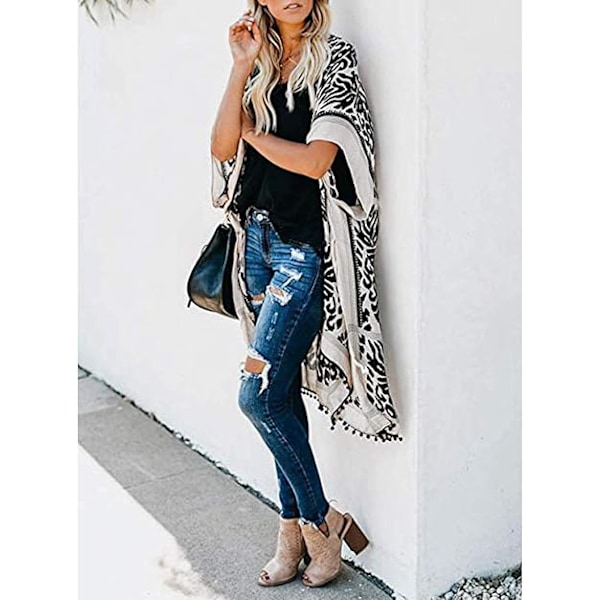 Kimono Morgonrock Kofta för Kvinnor, Plus Size Ärmlös Strand Bikini Överdrag med Pom-pom, Trendigt Löst Sittande Badkläder Omlott för Vår och Sommar 2021
