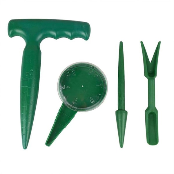 4 stk. hageredskaper, planteverktøy, plast, hageredskap, frødispenser, planteutstyr, såmaskin, perforator for frøplanter