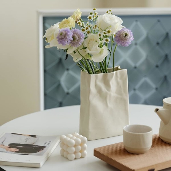 Skrynklig Papperspåse Keramisk Vas, Stor Vas för Blomsterarrangemang, Blomvas för Heminredning, Passar för Vardagsrum, Sovrum, Kök