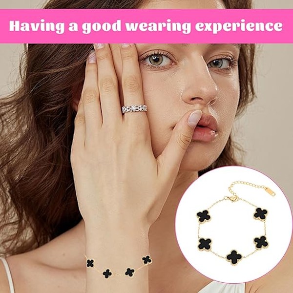 Kløverarmbånd Gull, 2 STK Van Cleef Armbånd, Enkel Designstil Firekløverarmbånd for Jenter og Damer, Lykkebladarmbånd (Svart+Hvit)