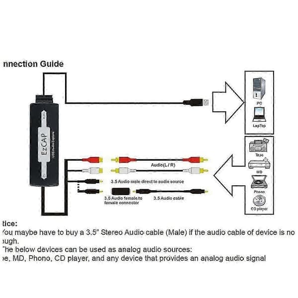 USB 3,5 mm lydopptak rediger lydkabel til digital for opptak analog til CD/MP3-omformer