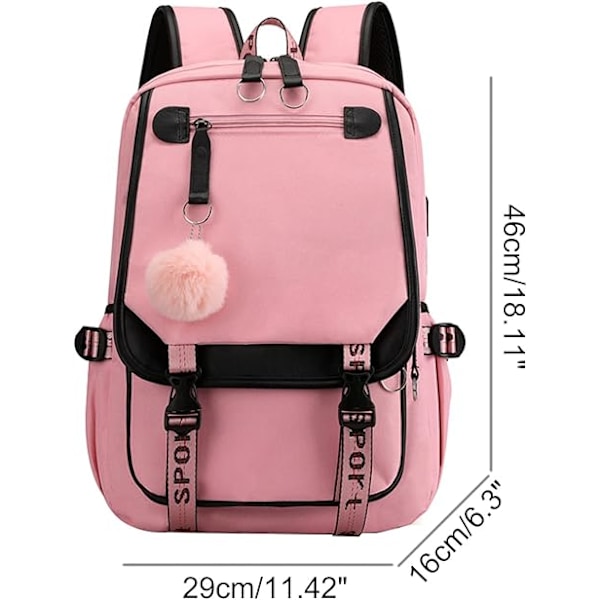 Teinityttöjen lukio-opiskelijan reppu, ulkoilureppu USB-latausportilla, 4# Pinkki Musta, 21 litraa negro