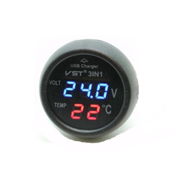 Voltmeter Temp + USB 5v Oplader 4-30v DC Bil Båd Autocamper Campingvogn