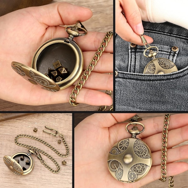 Mini Dnd Noppasarja Pronssisella Steampunk-vaihteistolla Varustetulla Taskukellokotelolla, 7 kpl Monitahoisia Metallisia D&D Noppia, Roolipelilautapelitarvikkeet