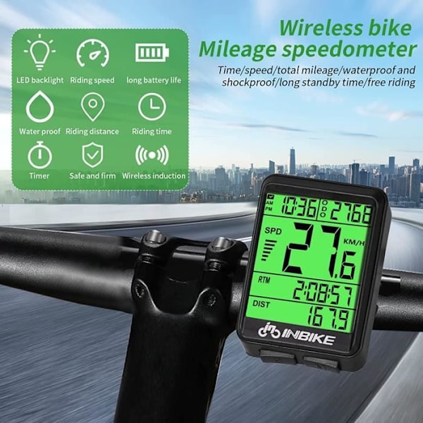 Trådløs cykelcomputer IP54 vandtæt cykelkilometertæller speedometer trådløs med baggrundsbelyst display og stopur