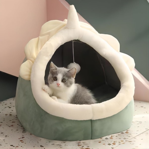 Kattbäddar för inomhuskatter Semi Enclosed Cat Nest Söt dinosaurieformad katt tält säng Katt hus Små hundsängar Lämplig för små husdjurssängar Grön