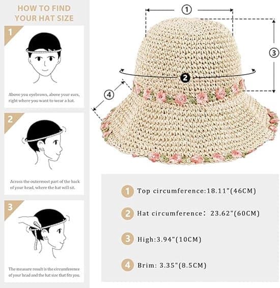 Solhatt – Bøttehatt for kvinner – Sammenleggbar og lett – Pustende – 60 cm hodeomkrets – 8,5 cm brem – Håndvevd papyrus