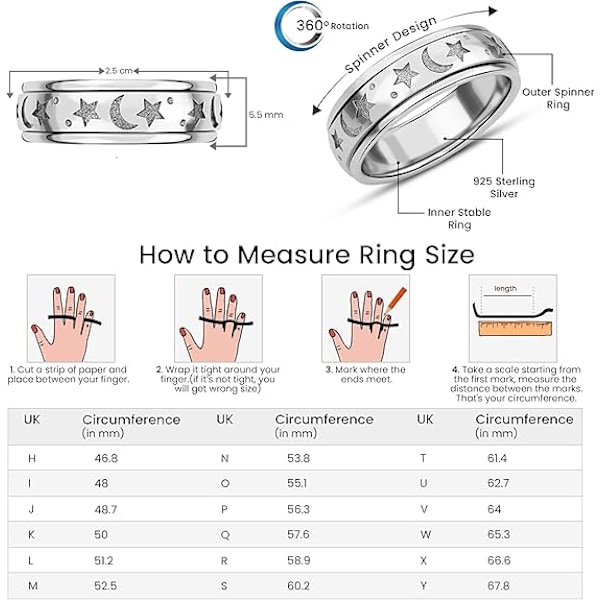 925 Sterling Silver Ångestringar - Spinner Ringar för Kvinnor & Män - 360° Roterande Ring för att Lindra Stress & Oro i Platina 9