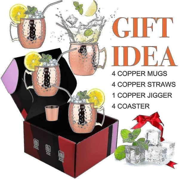 Kopparmugg Set om 4 Kopparmuggar, Kopparmugg för Moscow Mule Cocktail, 47 cl Presentförpackning [LGL]