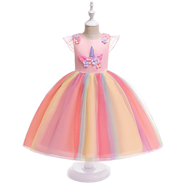 Barn Enhörningsdräkt Klänning, Flicka Enhörningskjol, Blommor Flicka Ärmlös Festkläder, Födelsedagskläder Festkläder Pink 140cm