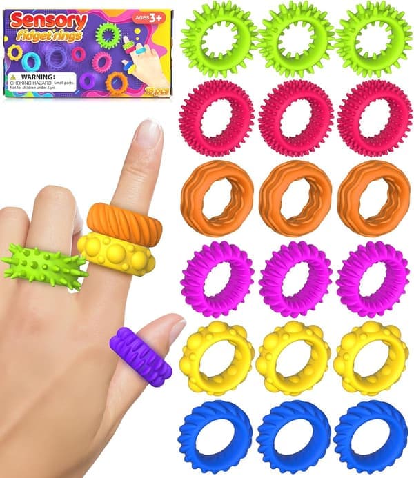 Fidget Legetøj Sensoriske Ringe til Børn: 18-Pak Fidget Ring - Sensorisk Legetøj til Børn med Autisme - Stille Angstlindring Bulk til Klasseværelsespris