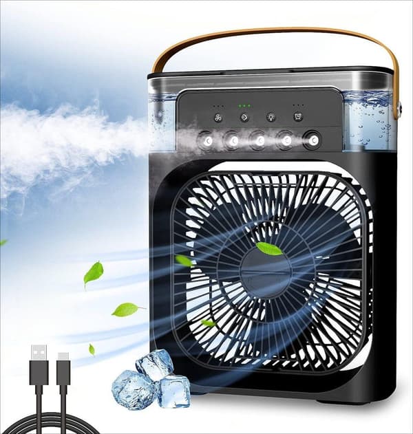 Mini Airconditioner Ventilator - Bordventilator med 3 Hastigheder, 3 Spraytilstande, LED Lys & Timer, USB Køler til Hjemmet
