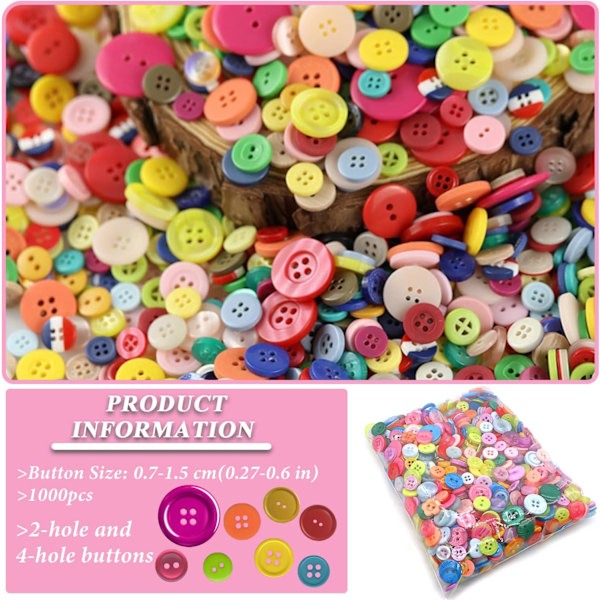 Knapper for Håndverk 1000 stk Blandet Assortert Fargerike Knapper Resin Runde Håndverksknapper for DIY