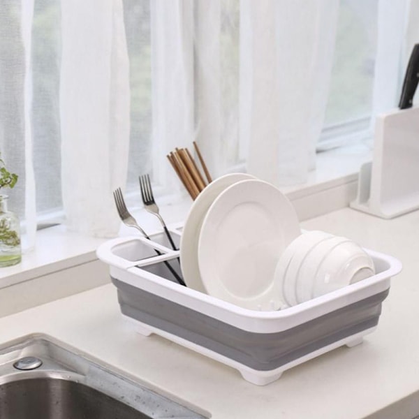 Sammenleggbart oppvaskstativ - Oppvaskstativ i plast med bestikkholder, sammenleggbart for kompakt oppbevaring, slitesterkt for tallerkener, gryter og panner, plassbesparende