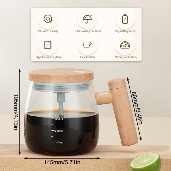 Självrörande mugg med lock, 400 ml elektrisk blandningskopp, självrörande kaffemugg, självrörande kopp i borosilikatglas