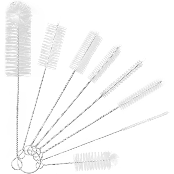 Lite Flaskebørstesett, 8 stk. Nylon Strårenser Pipebørster for Vask av Vannflasker med Smal Hals, Krukker, Tekanne-tut White