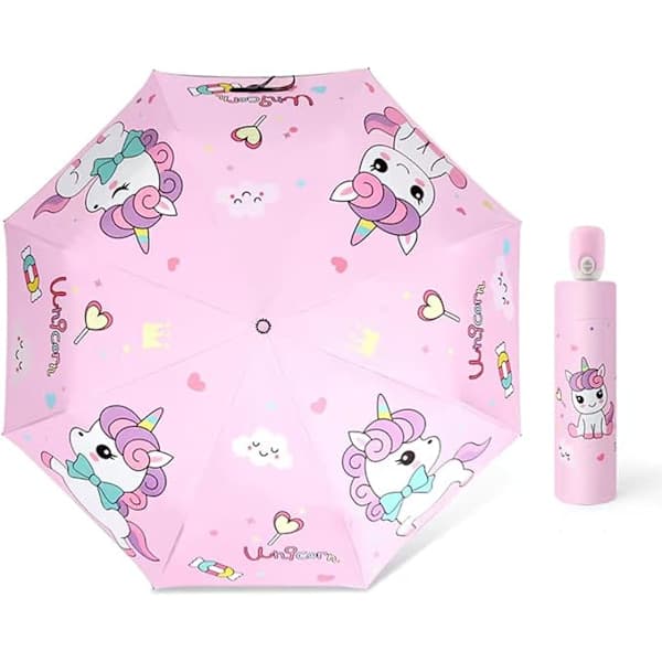 1 stk. børnefolde paraply, robust og bærbar, vindtæt, UV-resistent, kompakt Love Pony