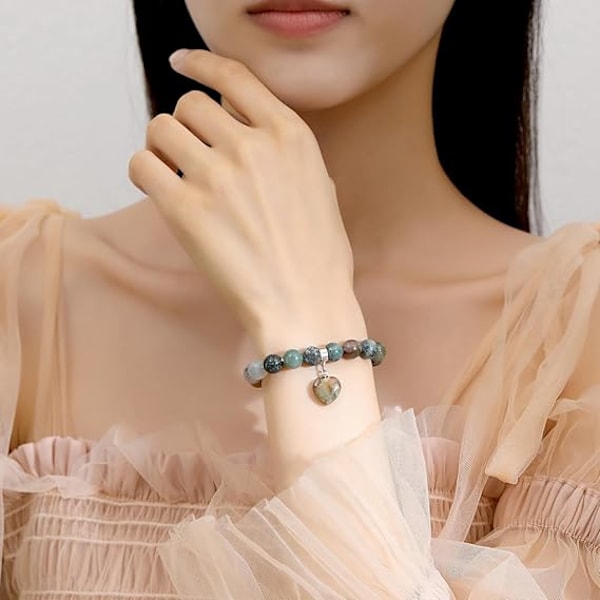 Hjärta Armband för Kvinnor, Helande Kristallarmband, Damarmband 10mm Ädelstensarmband med Pärlor Multi - Indian Agate