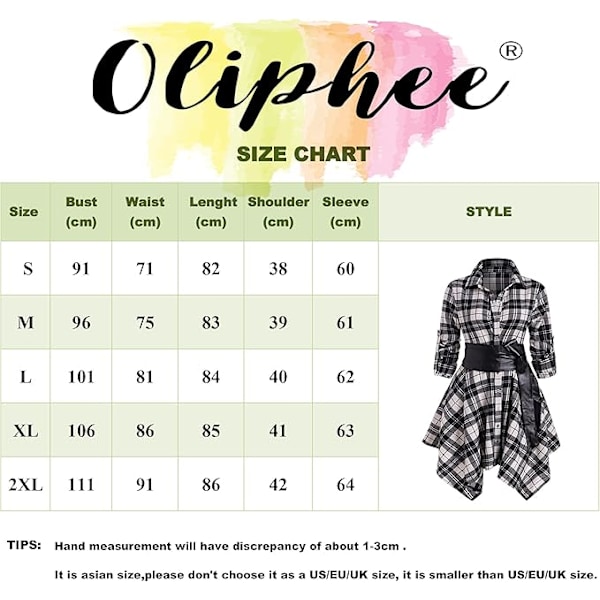 Dame Skjortekjole Ternet Tartan Skjorte Langærmet Bluse Mini Kjole Lang Top Taljebælte Plaid Skjorte Nederdel