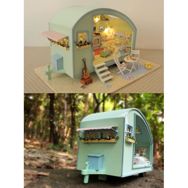 Miniatyr Dockhus Kit, DIY Trä Dockhus Handarbete Miniatyrhus Kit Husvagn, Tidsresemodellhus Kit med Möbler