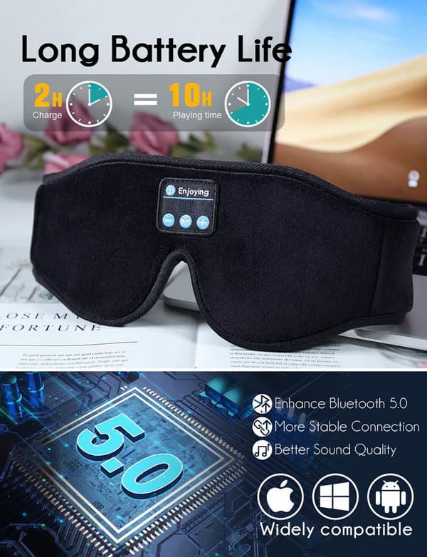 Sovhörlurar, 3D Sovmask Bluetooth Trådlös Musik Ögonmask, Sovhörlurar för Sidosovare Sovmask med Bluetooth H